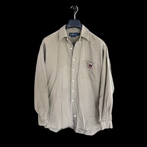 Ralph Lauren 90's Khaki Cotton Twill Button Down Shirt Crest Logo Large